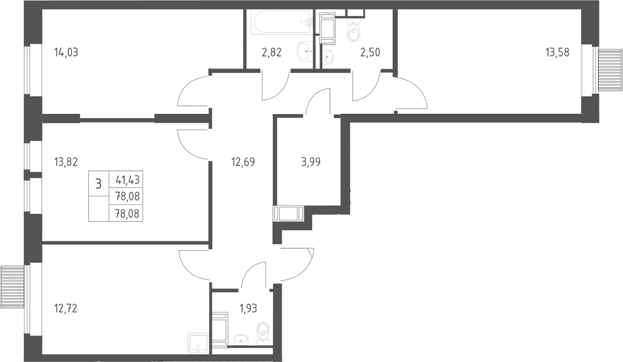 Планировка: 3-комнатная квартира 78,1 м² в ЖК «Большое Путилково»