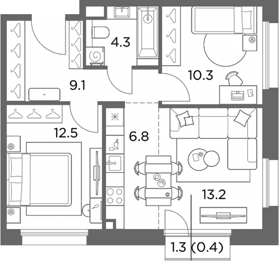 Планировка: Евротрёшка 56,2 м² в ЖК «Станиславский»