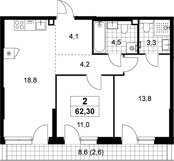 Планировка: Евротрёшка 59,7 м² в ЖК «Деснаречье»
