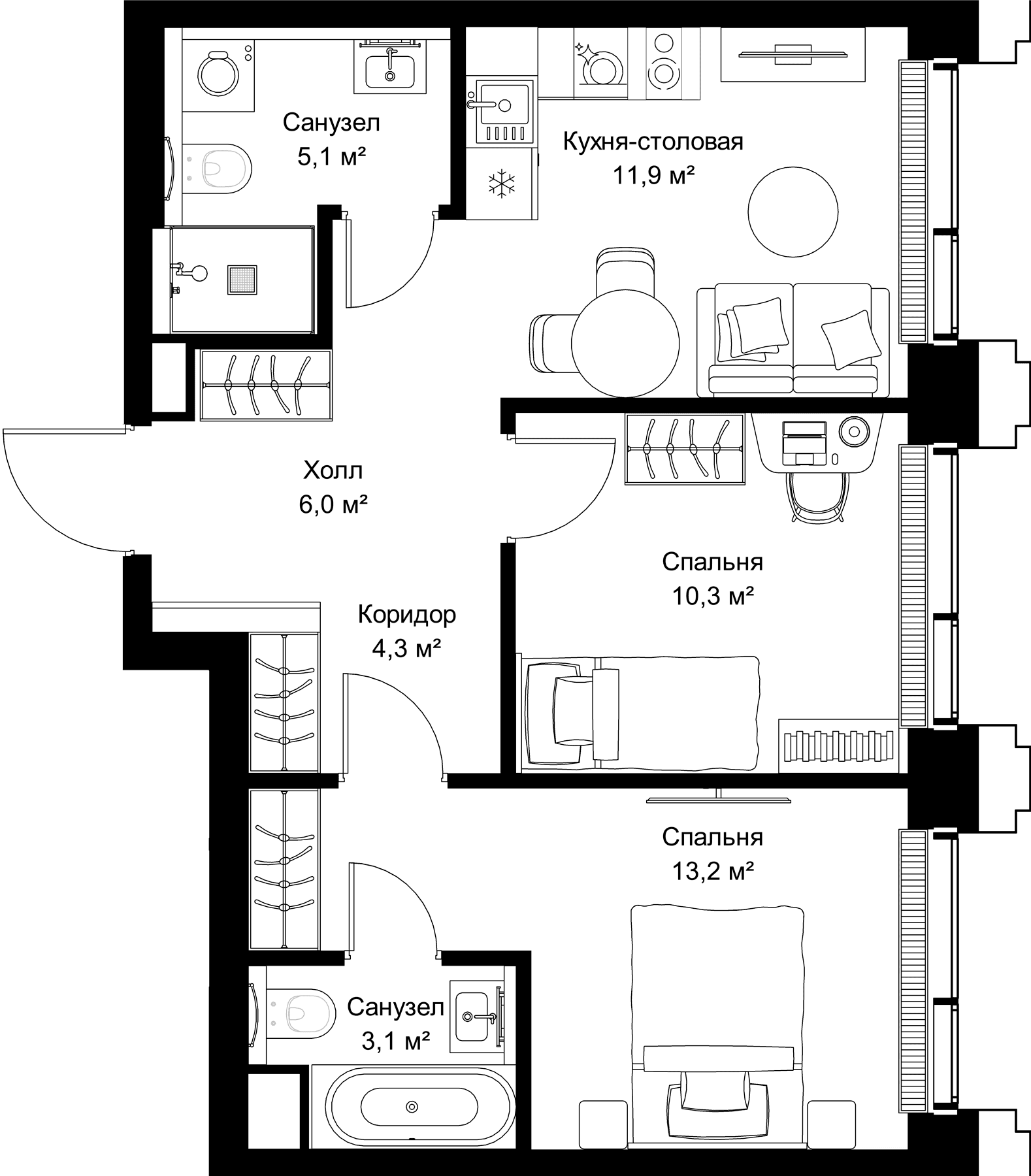 Планировка: Евротрёшка 53,9 м² в ЖК «СЕТ»
