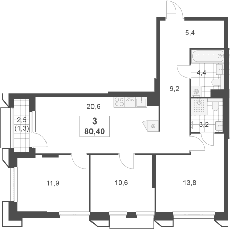 Планировка: Квартира евро-4 79,1 м² в ЖК «Южные сады»