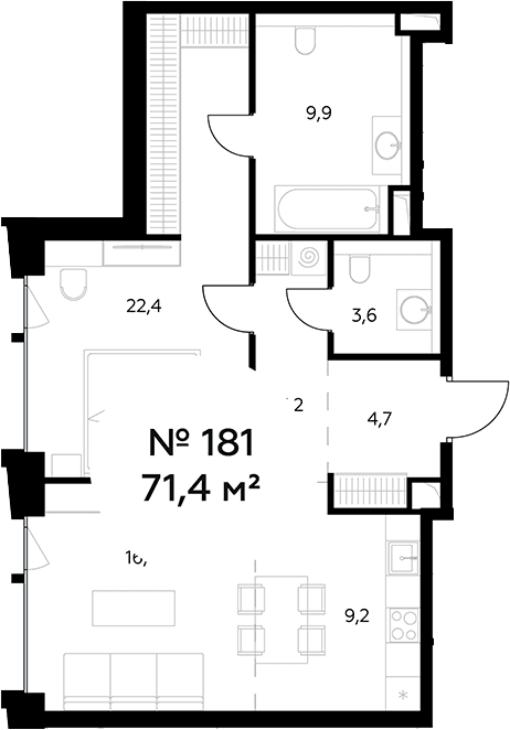 Планировка: Евродвушка 71,4 м² в ЖК «Монблан»