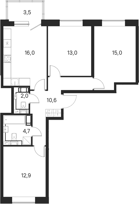 Планировка: 3-комнатная квартира 74,2 м² в ЖК «М36»