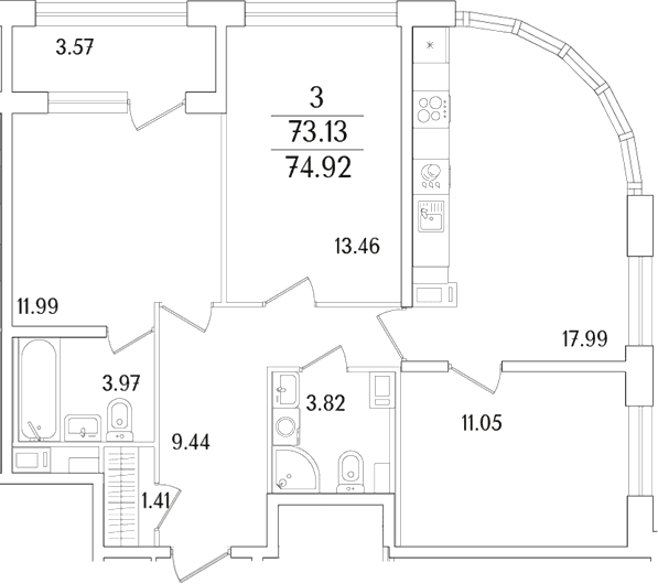 Планировка: Квартира евро-4 73,1 м² в ЖК «Аурум»