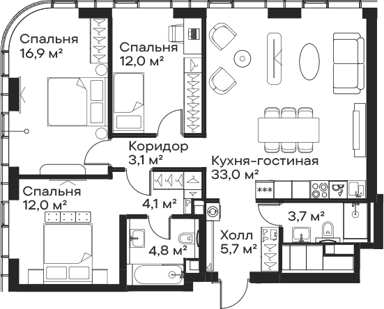 Планировка: Квартира евро-4 95,3 м² в ЖК «Сити Бэй»
