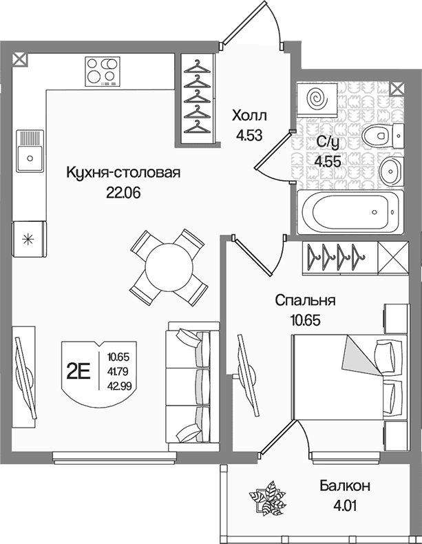 Планировка: Евродвушка 41,8 м² в ЖК «Охтинские высоты»