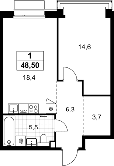 Планировка: Евродвушка 48,5 м² в ЖК «Хольм»