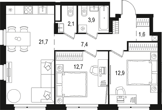 Планировка: Евротрёшка 62,3 м² в ЖК «Левел Лесной»