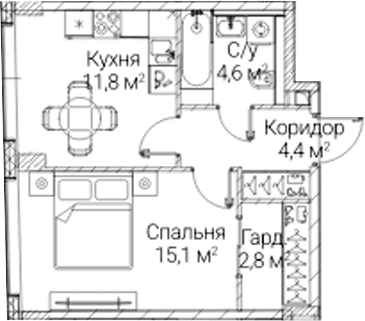 Планировка: 1-комнатная квартира 38,7 м² в ЖК «СЕЗАР БУДУЩЕЕ»
