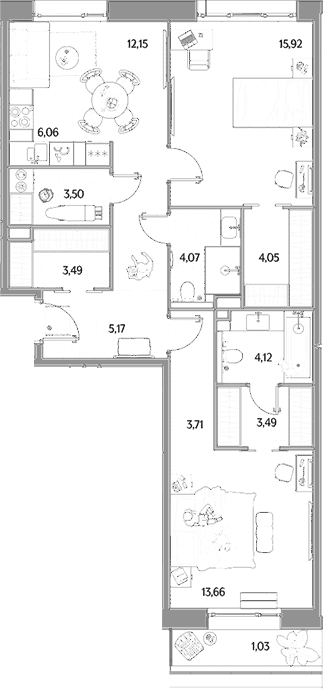 Планировка: Евротрёшка 79,4 м² в ЖК «МЫС»