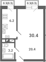 Планировка: 1-комнатная квартира 29,8 м² в ЖК «Южная Долина»