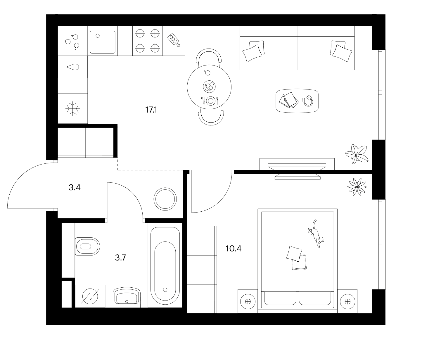 Планировка: 1-комнатная квартира 34,6 м² в ЖК «Ярославский»