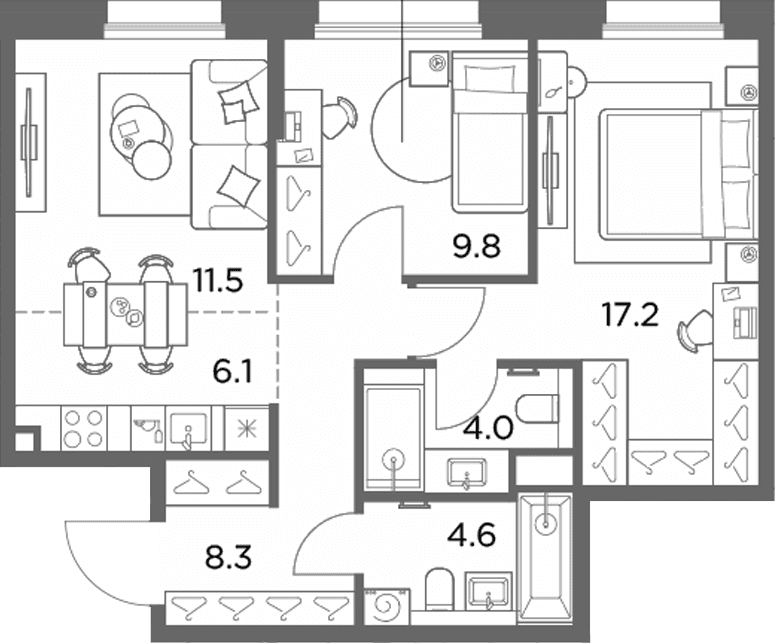 Планировка: Евротрёшка 61,5 м² в ЖК «Станиславский»