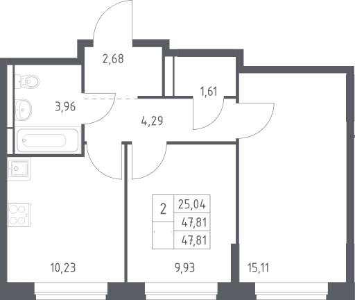 Планировка: 2-комнатная квартира 47,8 м² в ЖК «Богдановский лес»