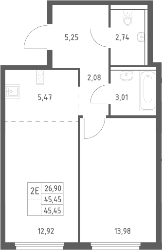 Планировка: Евродвушка 45,5 м² в ЖК «Пригород Лесное»