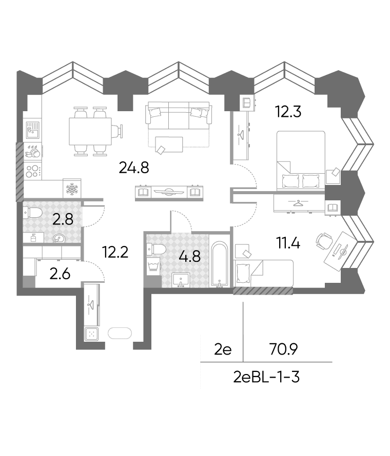 Планировка: Евротрёшка 70,9 м² в ЖК «ЗилАрт»