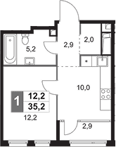 Планировка: 1-комнатная квартира 32,3 м² в ЖК «Сидней Сити»