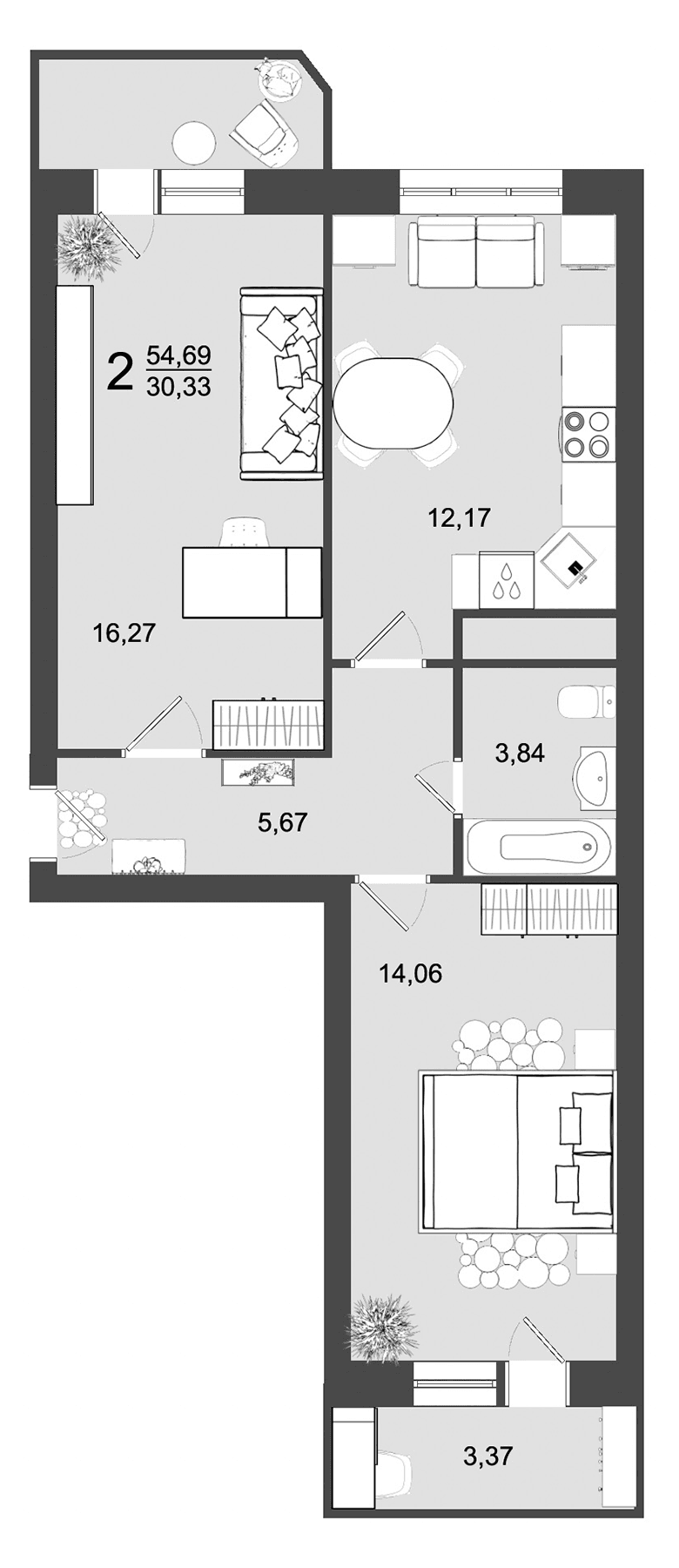 Планировка: 2-комнатная квартира 52 м² в ЖК «Майданово Парк»