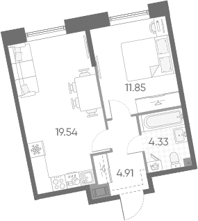 Планировка: Евродвушка 40,6 м² в ЖК «Бульвар Грина»