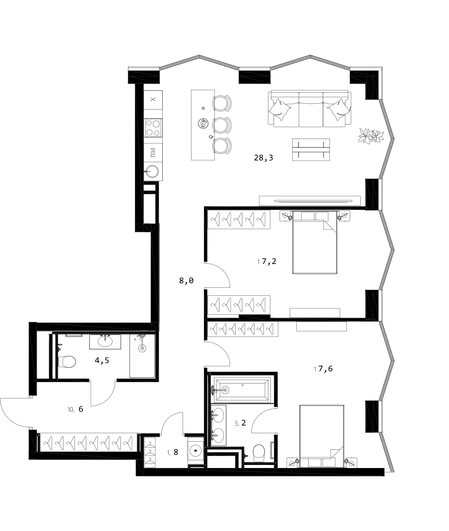Планировка: Евротрёшка 93,2 м² в ЖК «A. Residence»