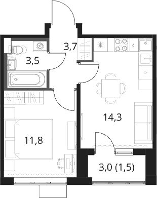 Планировка: 1-комнатная квартира 33,3 м² в ЖК «1-й Шереметьевский»