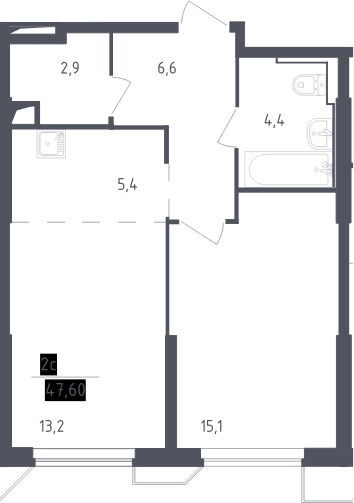 Планировка: Евродвушка 47,6 м² в ЖК «Скай Спутник»