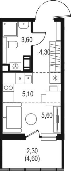 Планировка: Студия 18,6 м² в ЖК «Левел Мечникова»