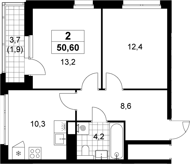 Планировка: 2-комнатная квартира 48,7 м² в ЖК «Деснаречье»