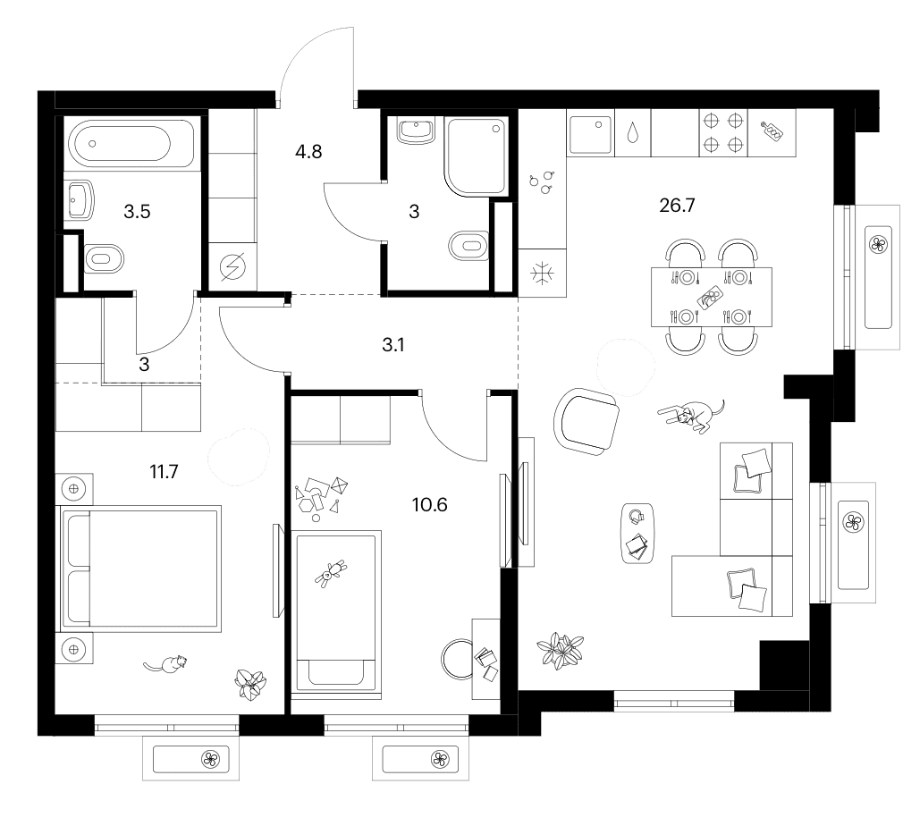 Планировка: 2-комнатная квартира 66,4 м² в ЖК «Ярославский»