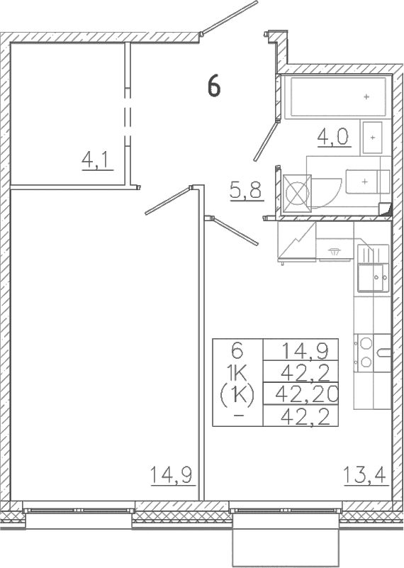 Планировка: 1-комнатная квартира 42,2 м² в ЖК «Лисино»