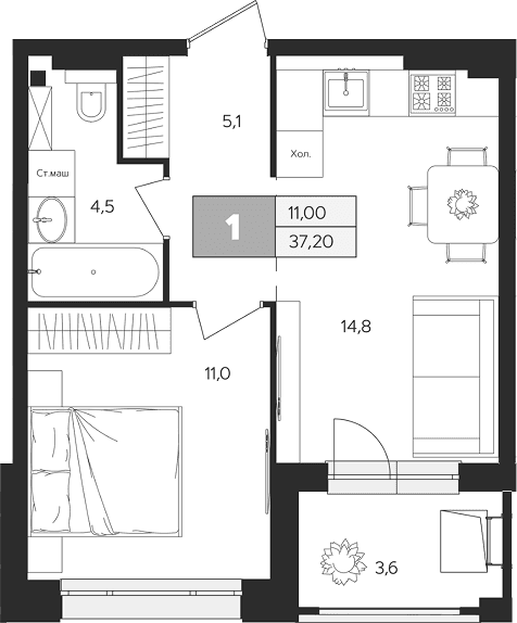 Планировка: 1-комнатная квартира 35,4 м² в ЖК «Ласточкино»