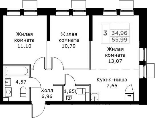 Планировка: Евротрёшка 56 м² в ЖК «КИТ»