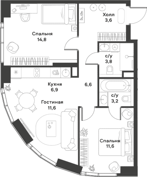 Планировка: Евротрёшка 62,1 м² в ЖК «АЛИА»