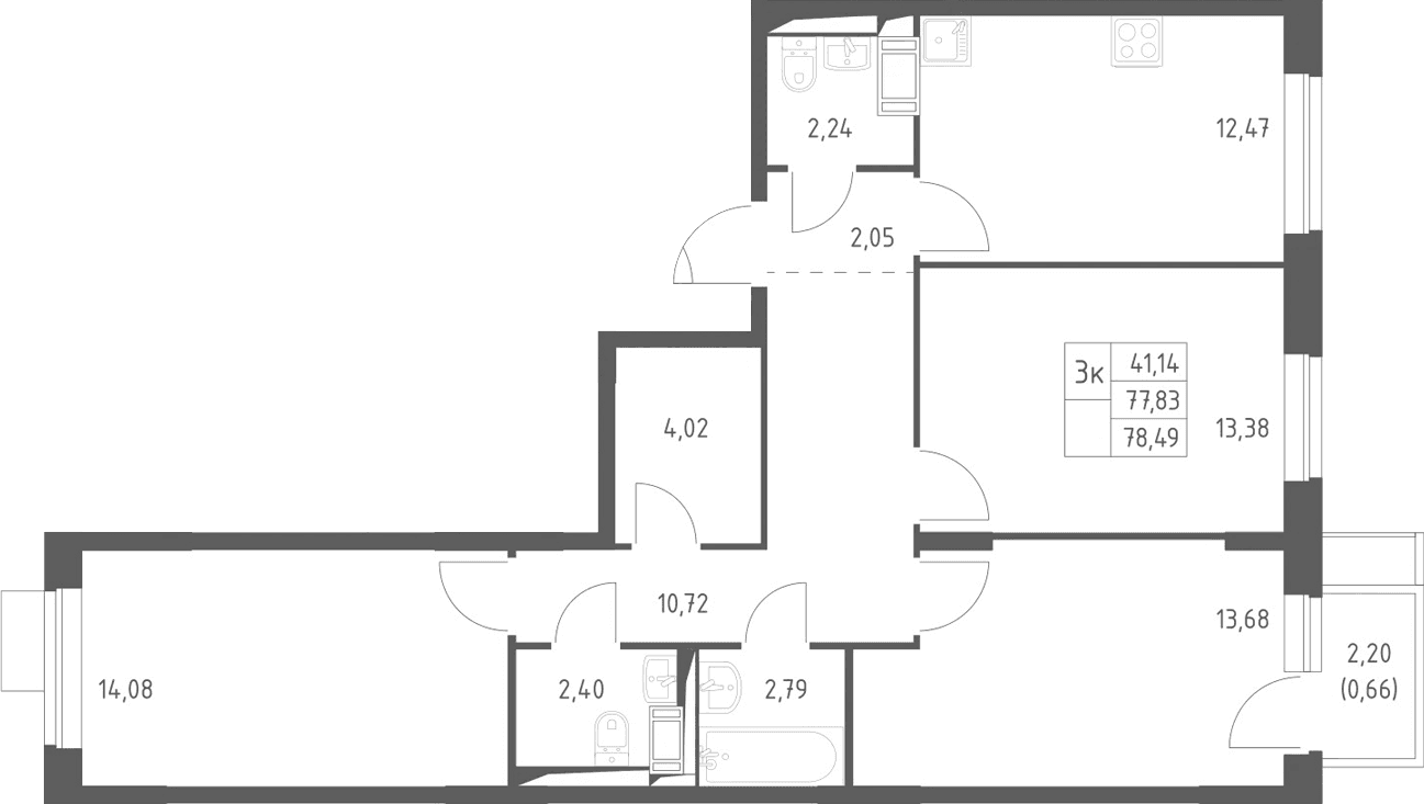 Планировка: 3-комнатная квартира 77,8 м² в ЖК «Пятницкие Луга»