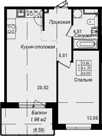 Планировка: Евродвушка 44,7 м² в ЖК «Grona Lund»