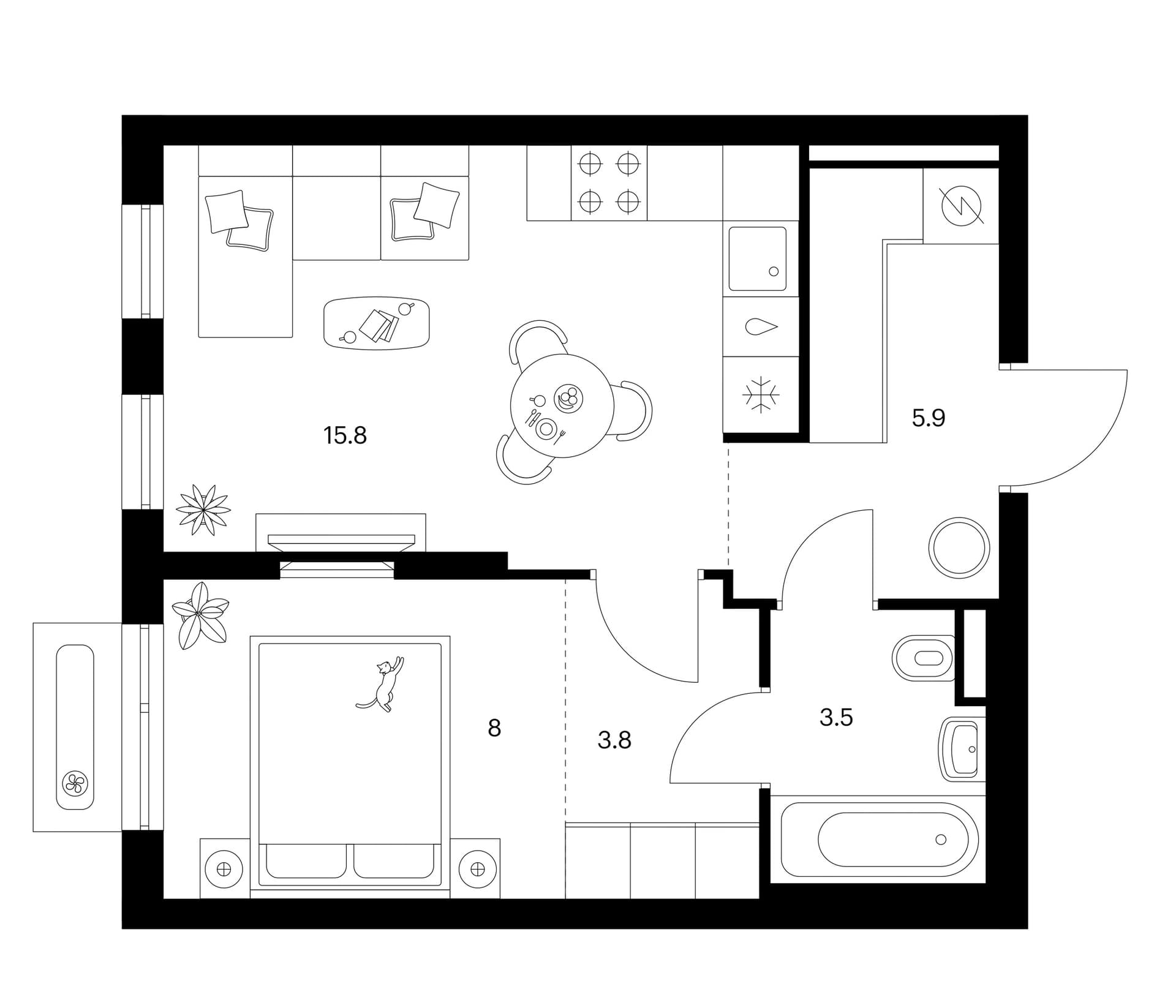 Планировка: 1-комнатная квартира 37 м² в ЖК «Зеленый парк»