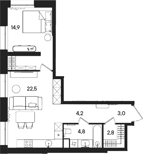 Планировка: Евродвушка 52,2 м² в ЖК «СТОУН Райз»