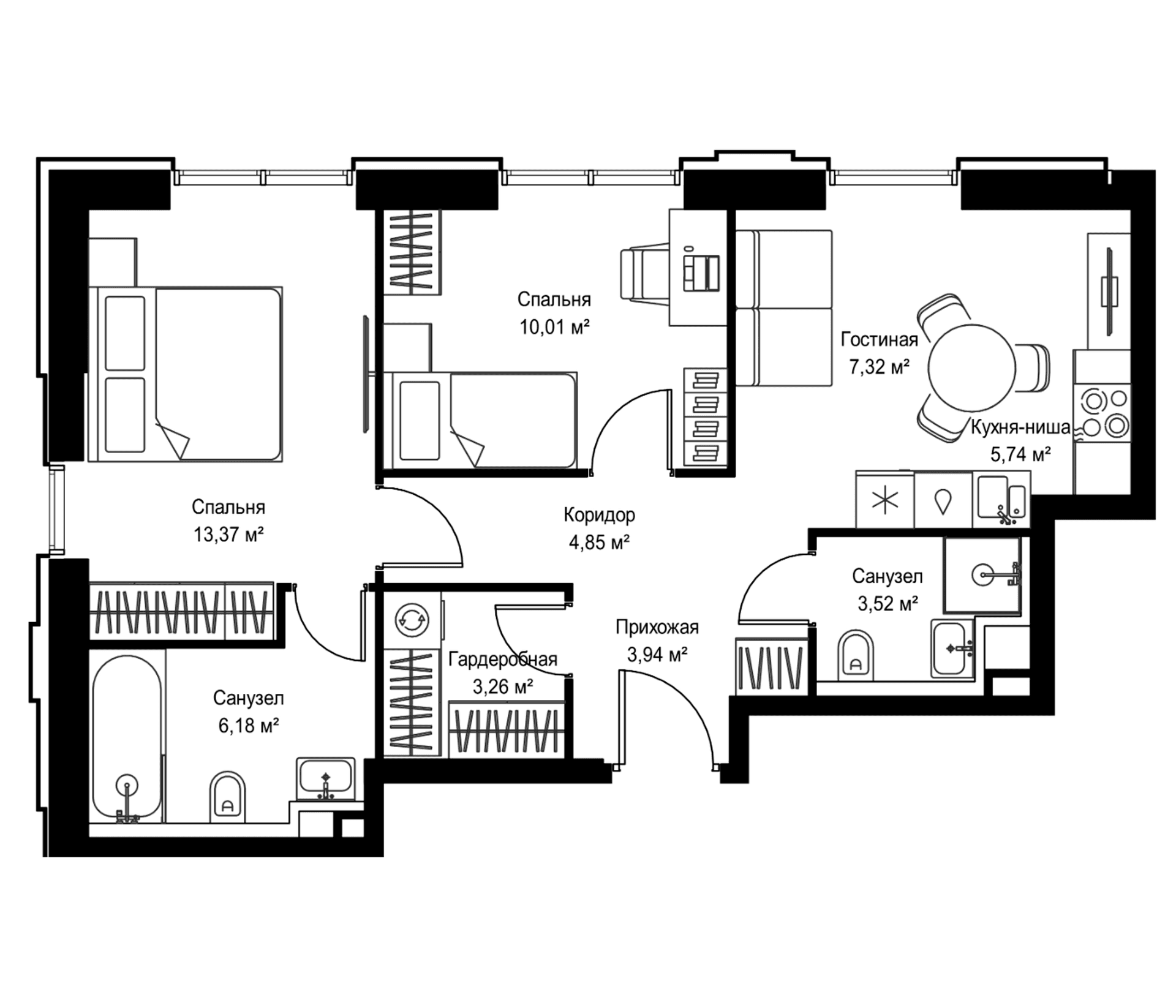 Планировка: Евротрёшка 58,2 м² в ЖК «Селигер Сити»