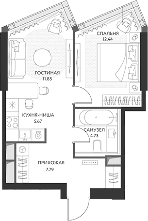 Планировка: Евродвушка 42,5 м² в ЖК «ХАЙДАУТ»