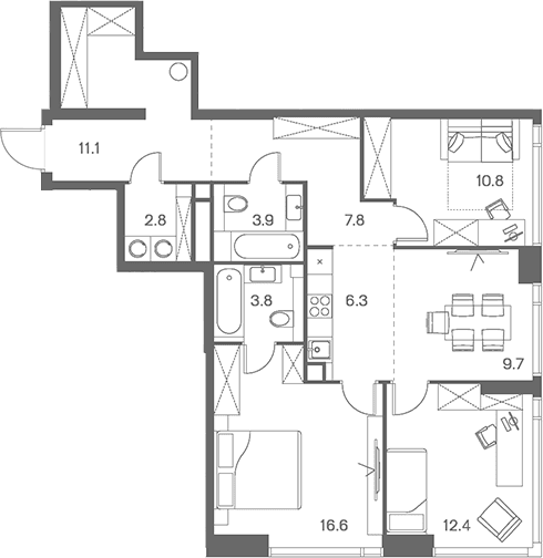 Планировка: Квартира евро-4 85,2 м² в ЖК «ЛОТ от Аквилон»