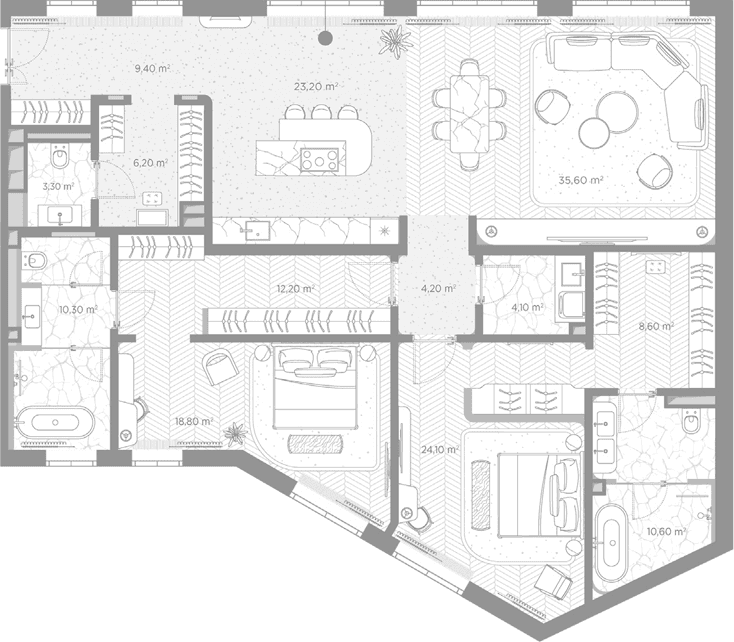 Планировка: 2-комнатная квартира 170,6 м² в ЖК «Николь»