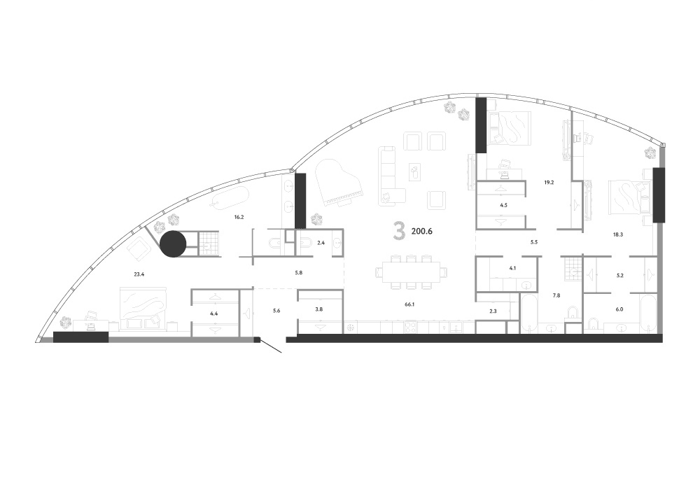 Планировка: Квартира евро-4 200,6 м² в ЖК «АУРУС Резиденции»