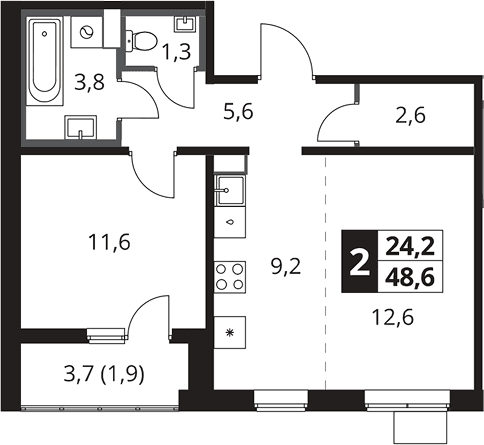 Планировка: Евродвушка 46,7 м² в ЖК «1-й Южный»