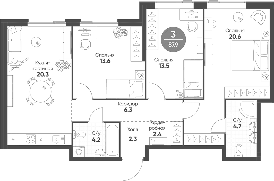 Планировка: Квартира евро-4 87,9 м² в ЖК «Шагал»