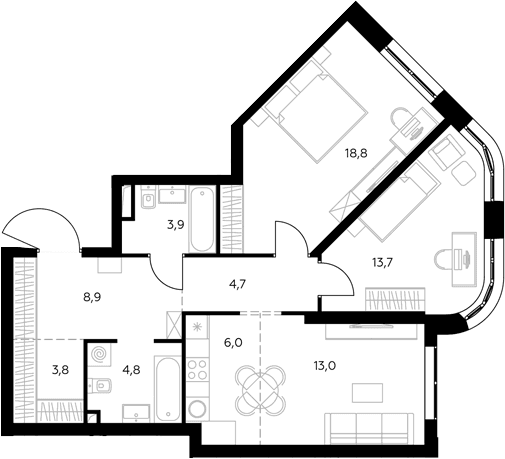 Планировка: Евротрёшка 80,6 м² в ЖК «Адмирал»