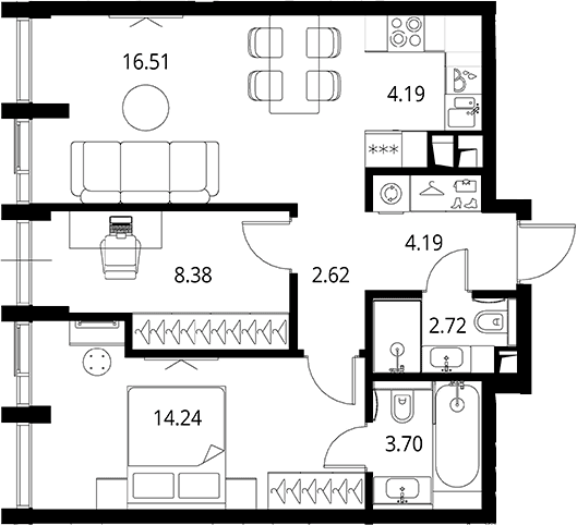 Планировка: Евротрёшка 56,6 м² в ЖК «Сити Бэй»