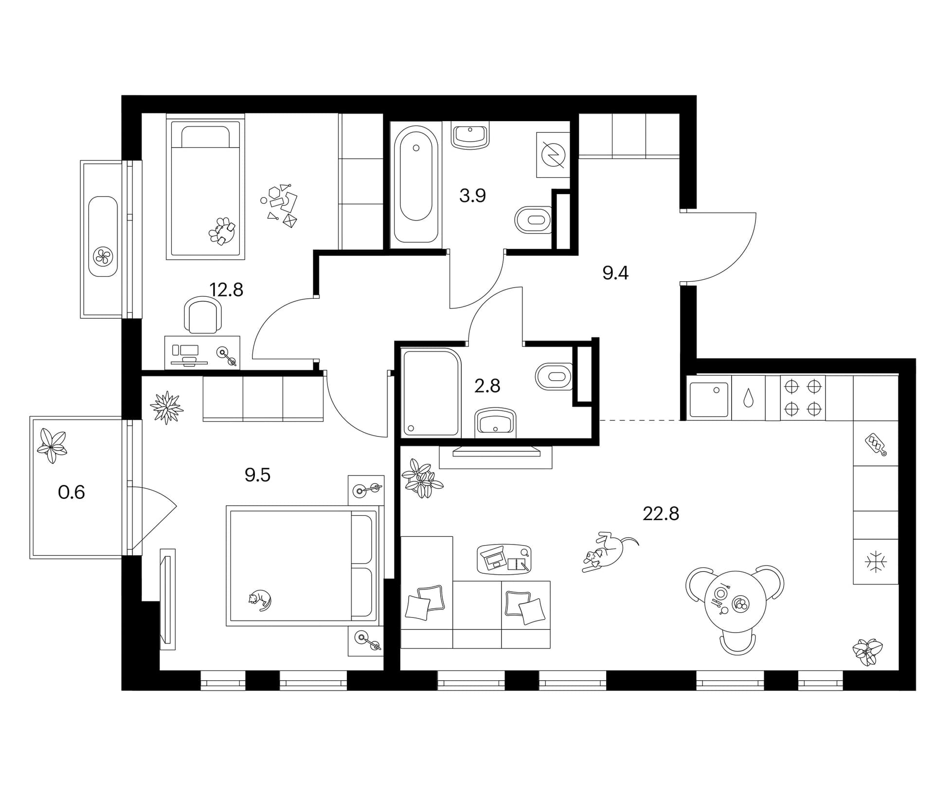 Планировка: 2-комнатная квартира 61,2 м² в ЖК «Зеленый парк»