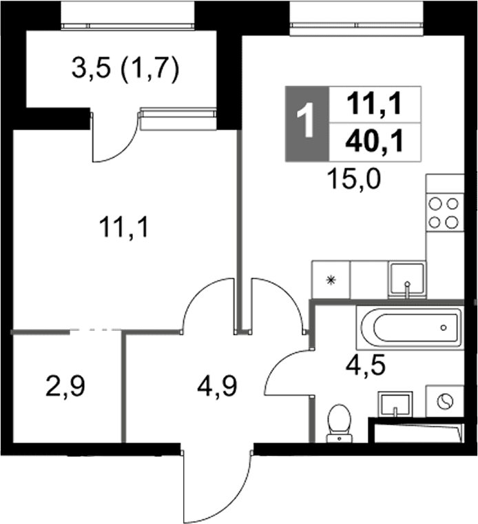 Планировка: 1-комнатная квартира 38,4 м² в ЖК «Скай Гарден»