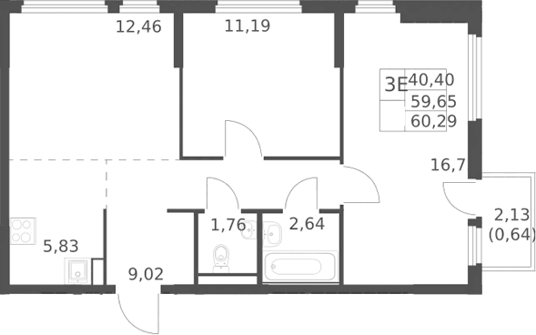 Планировка: Евротрёшка 59,7 м² в ЖК «Остафьево»
