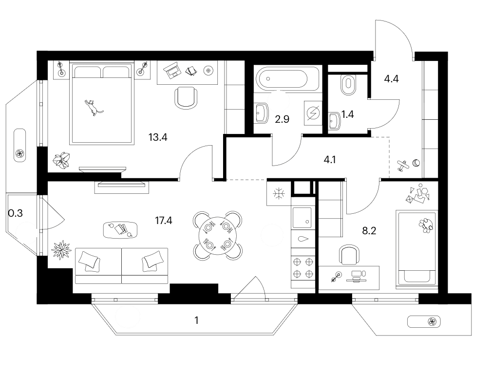 Планировка: 2-комнатная квартира 51,8 м² в ЖК «Зеленый парк»